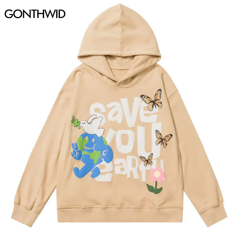 Hip Hop Men Hoodie Sweatshirt Harajuku Butterfly Letter Print Pullover Hooded Streetwear 2022 Fashion Casual Cotton Loose Hoodie
