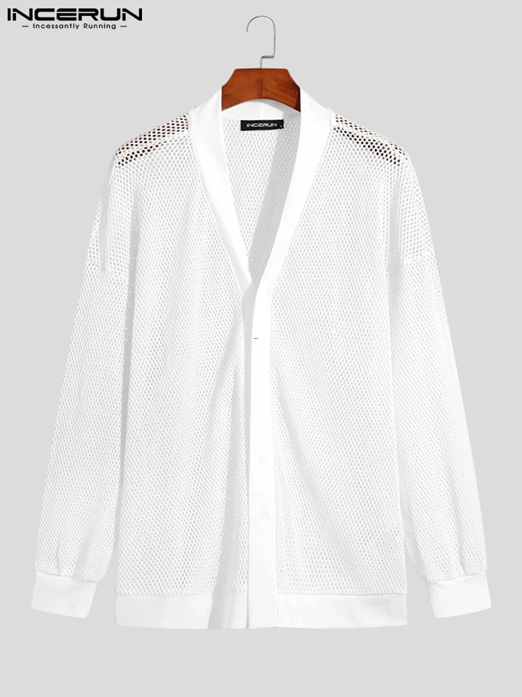 INCERUN Tops 2022 Korean Style New Men Sexy See-through Mesh Blouse Fashion Casual Male Long Sleeve V-neck Cardigan Shirts S-5XL