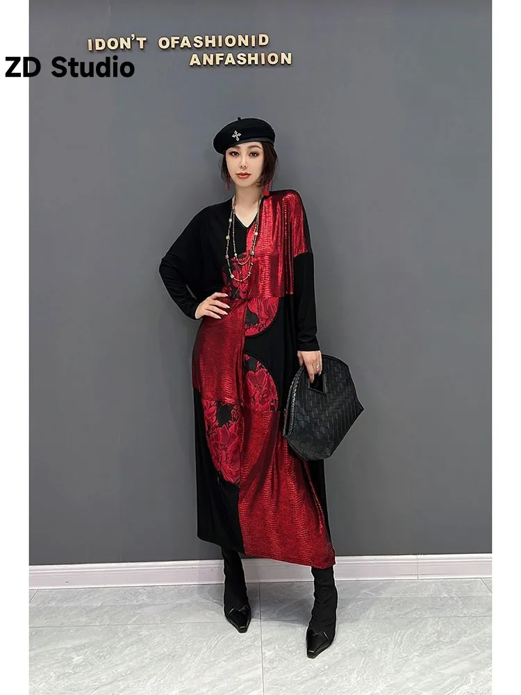 

[ZD Studio] 2023 Spring New Korean Fashion V-neck Dress Splicing Trendy Women's Wear Loose robe