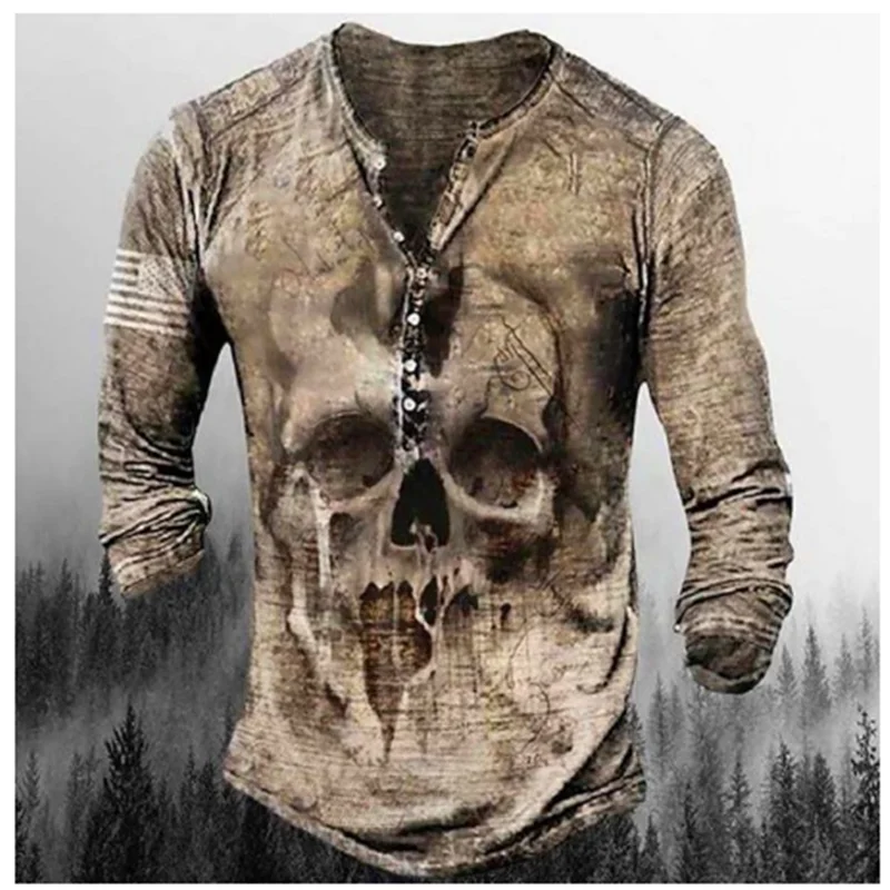 

Рубашка мужская с принтом черепа ужасов, Хенли, хлопковая Повседневная Уличная одежда на пуговицах, с V-образным вырезом, длинным рукавом, 5XL, весна