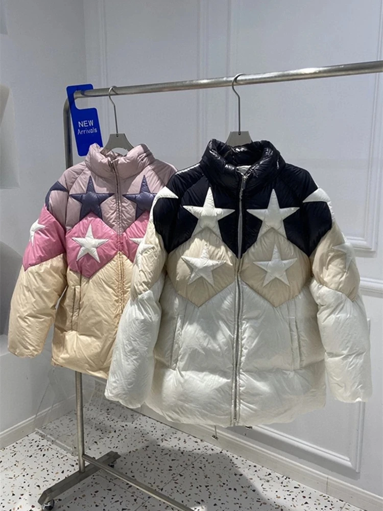 

Women Fashion Five-pointed Star Pattern Down Jacket Zipper up Hidden Hooded Oversize Puffer Coats Casual Female Winter Parkas