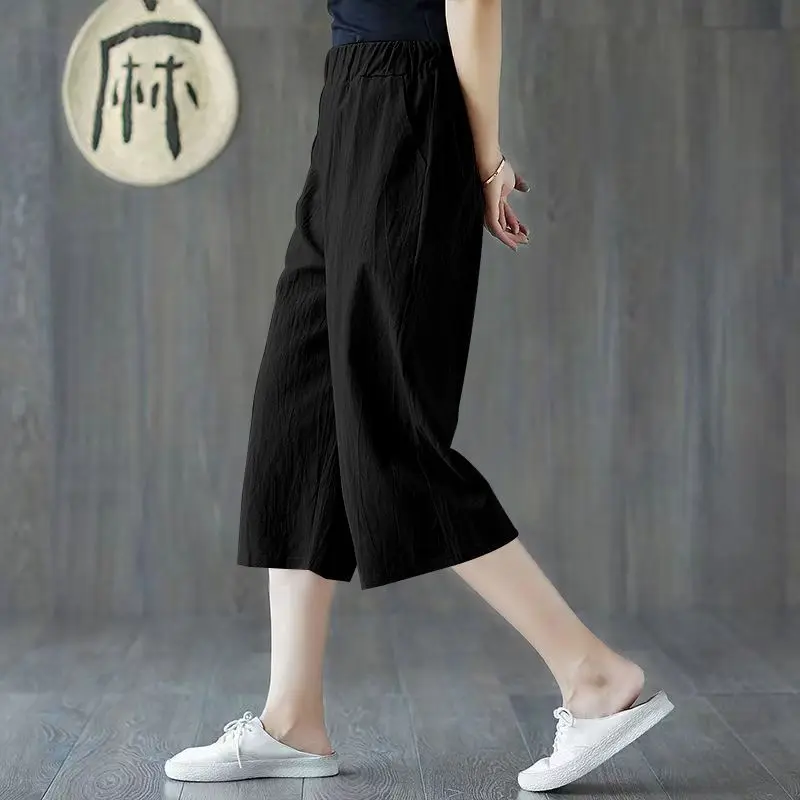 Женские летние простые Модные свободные однотонные укороченные брюки с высокой
