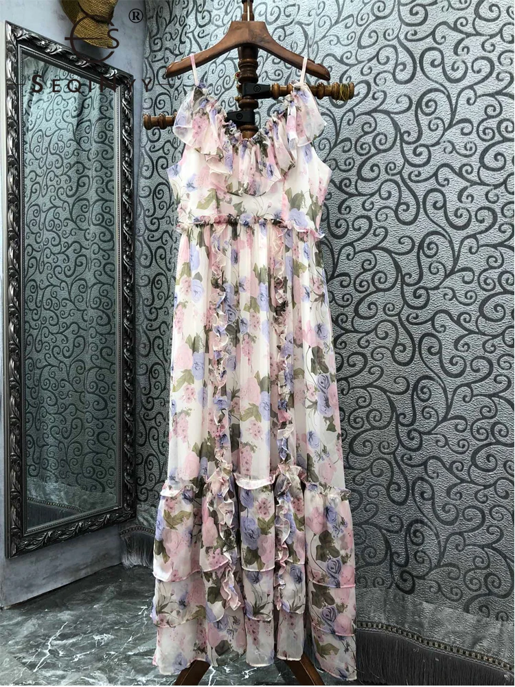

SEQINYY Pink Purple Dress Summer Spring New Fashion Design Women Runway Vintage Flowers Print Ruffle Cascading Chiffon Strapless