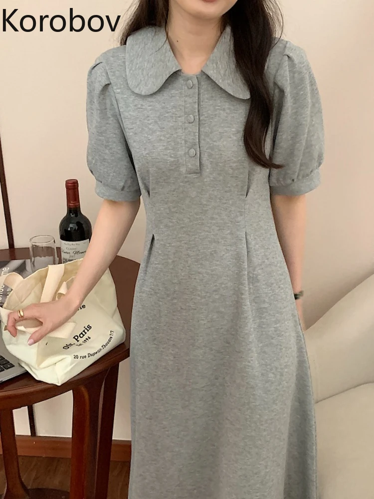 

Korobov Solid Color Korean Simple Casual Style Robe Age Reduction Lapel Slim Waist Puff Sleeves Dress Women Fashion Vestidos
