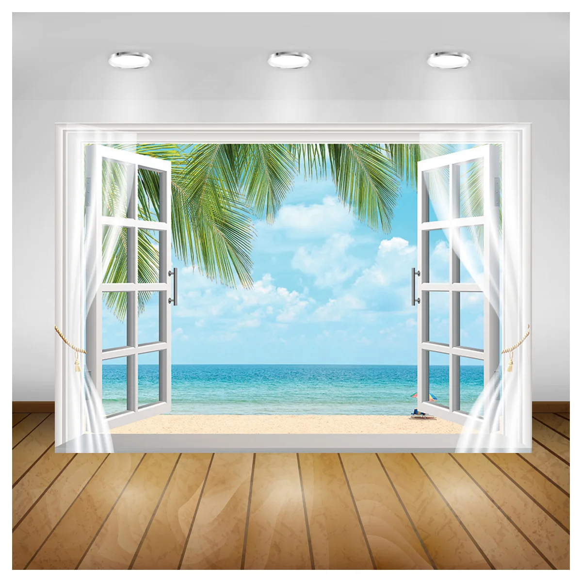 NITREE Window Beach Coconut Tree Photography Backdrops Props Scenery Mall Indoor Decoration Photo Studio Background HH-16