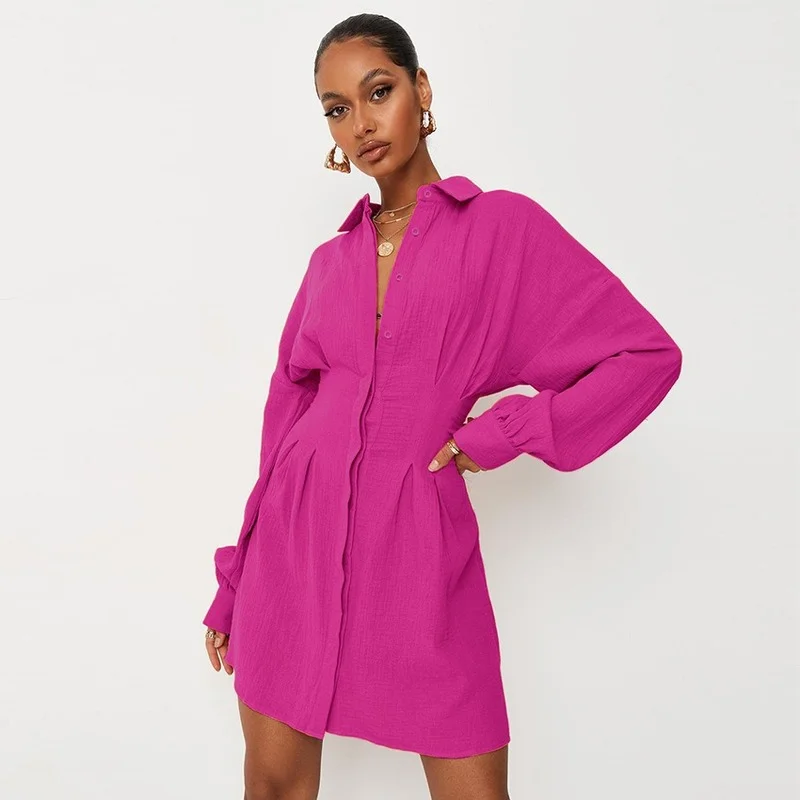

2022 Spring Dresses for Women 100%Cotton Pleated Rose Red Elegant Dress Fashion Polo Collar Long Shirts for Women Casual Tops
