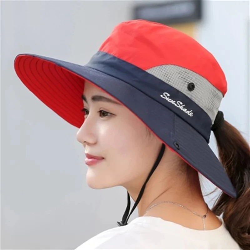 

Women Ponytail Hat Breathable UV Wide Brim Cap For Hiking Fishing Waterproof Boonie 2021 New Style Hot Sale