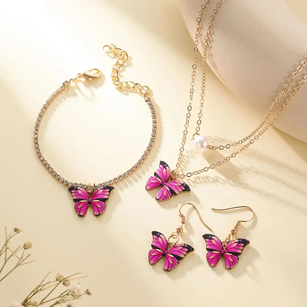 

3Pcs/Set Party Butterfly Jewelry Sets Faux Pearl Dark Pink Butterfly Electroplating Necklace Earrings Bracelet Women Accessory