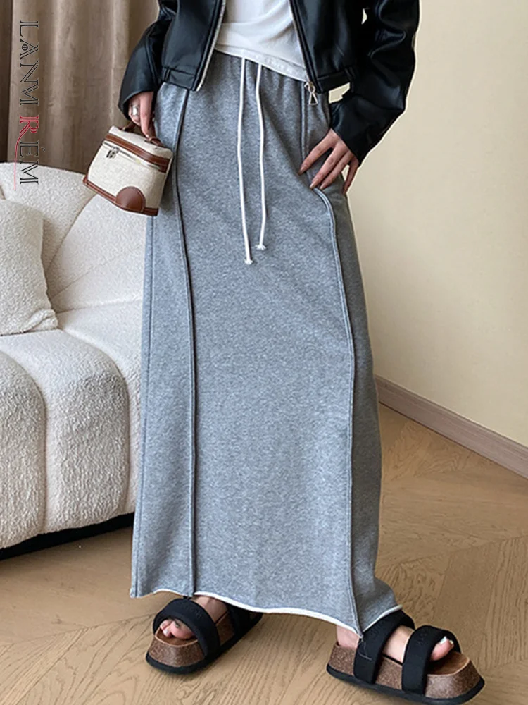 

LANMREM Casual Solid Color Long Skirt Women Lace-up Elastic High Waist Spliced Skirts Fashion 2023 Autumn New Clothing 2AA1960
