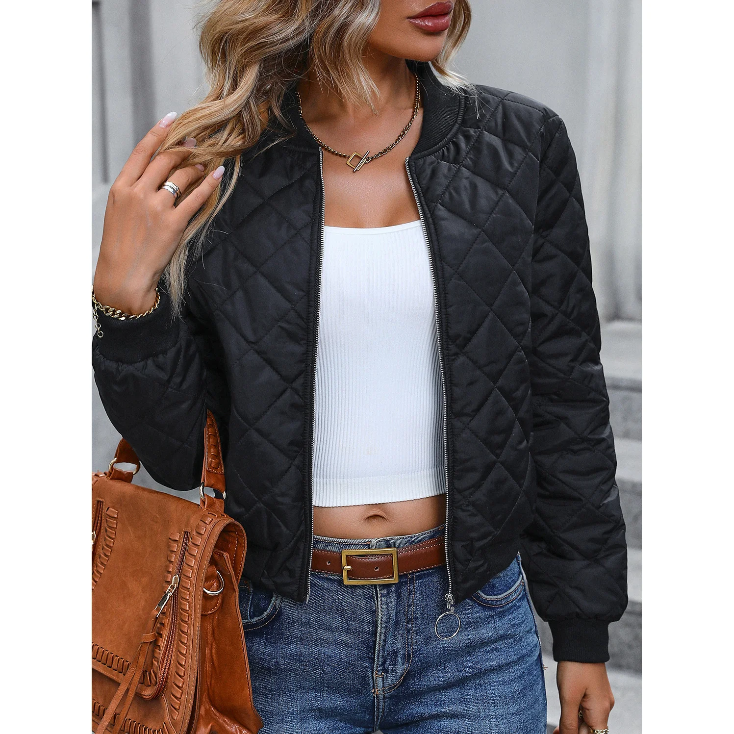 

Зимнее женское холодное иностранное пальто, женская новинка осень 2023, клетчатая облегающая бейсбольная хлопковая куртка с воротником-стойкой, черная дешевая одежда