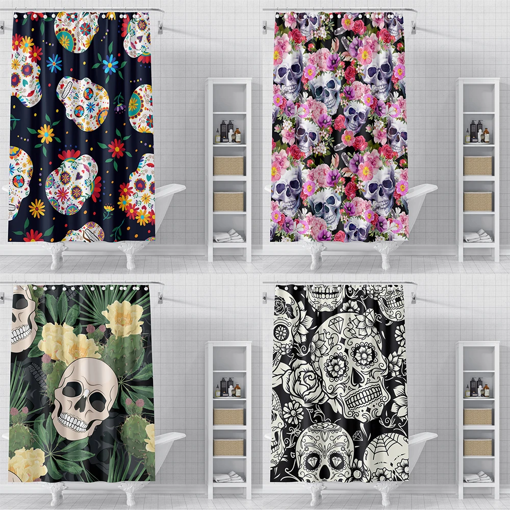 

Штора для душа с рисунком черепа, водонепроницаемый занавес из полиэстера с цветочным принтом, с крючками, аксессуары для ванной комнаты