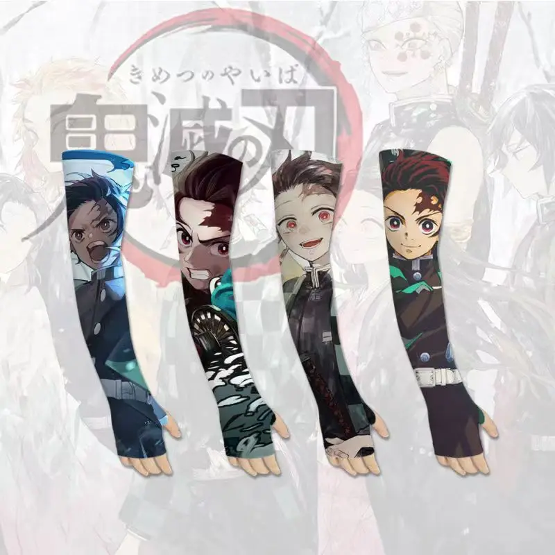 

Anime Demon Slayer Fingerless Gloves Sun Protection Sleeves Cycling Outdoor Sports Arm Sleeve Ice Fabric Breathable Sleeve
