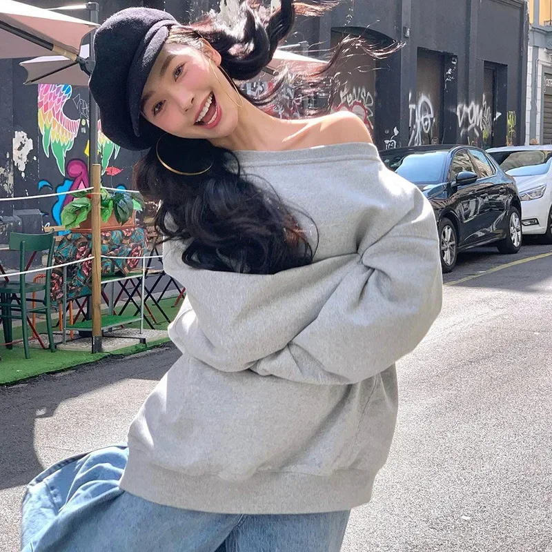 

Gray Hoodies Women Diagonal Collar Solid Pullovers Fashion Streetwear Girls 2023 Autumn Winter Sweatshirts Female Outfit Tops