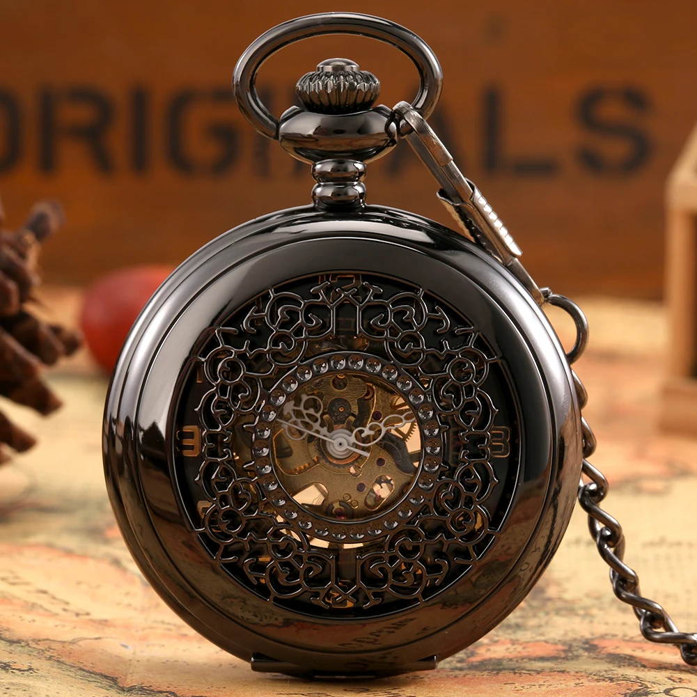 Vintage Black Hollow Manual Mechanical Pocket Watch Fob Chain Arabic Numerals Display Hand Winding Pendant Antique Pocket Clock