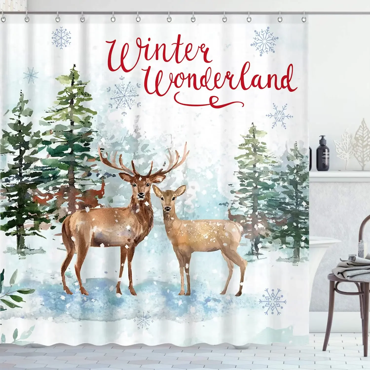 Рождественская душевая занавеска зимняя Снежинка сосна лес Олень для ванной