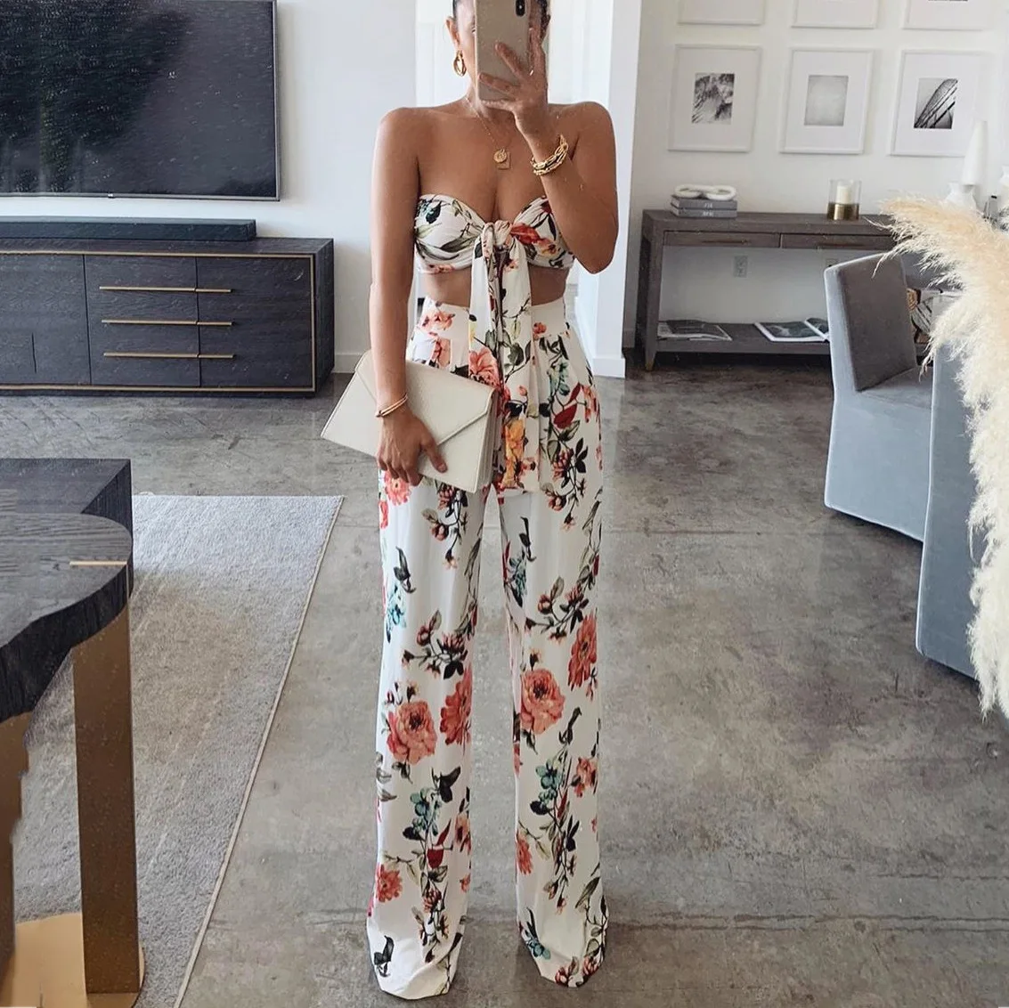 

Sexy Outfit Women Foral Printed Bra Strapless Crop Top and Pant Sets Backless Sexy Ladies 2 Piece Sets Fashion Matching Sets