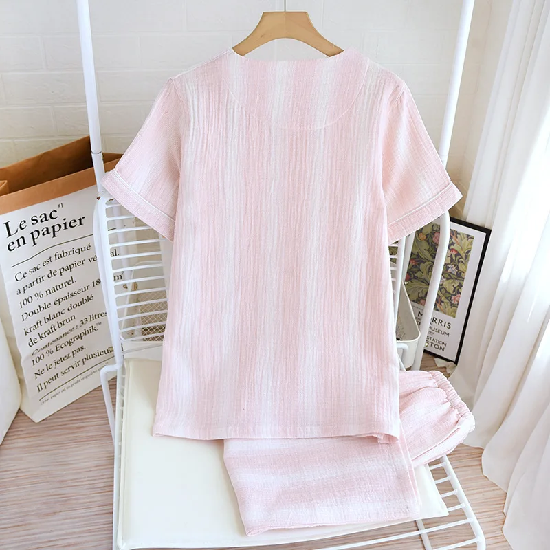 New Striped Couple's Short Sleeve Capris Suit Double Layer Cotton Summer Sleepwear For Men And Women Home Wear Pajamas Set