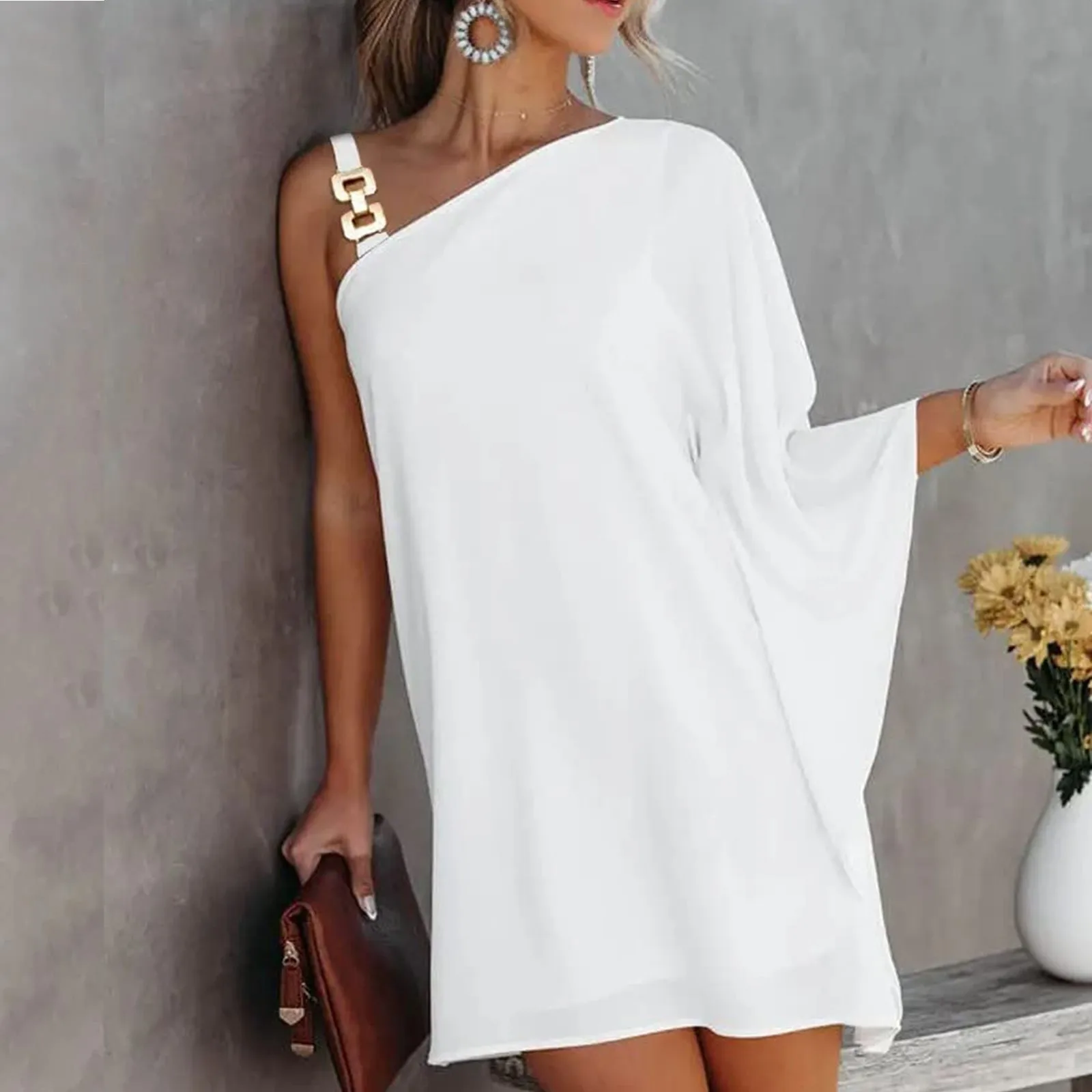 

Summer Dress For Women One Shoulder Half Bat Sleeve Solid Casual Dresses Loose Metal Strap Beach Mini Sun Dress
