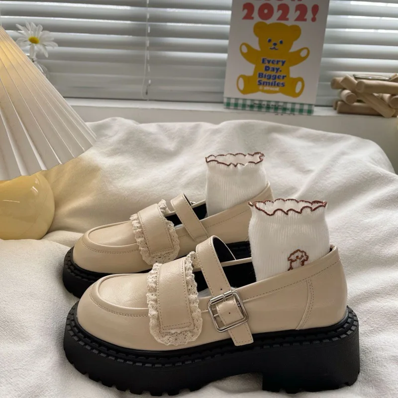 

Sweet Lolita Shoes for Women Students Japanese Jk Uniform Shoes Lace Buckle Platform Mary Janes Beige Retro Vintage Woman Shoe