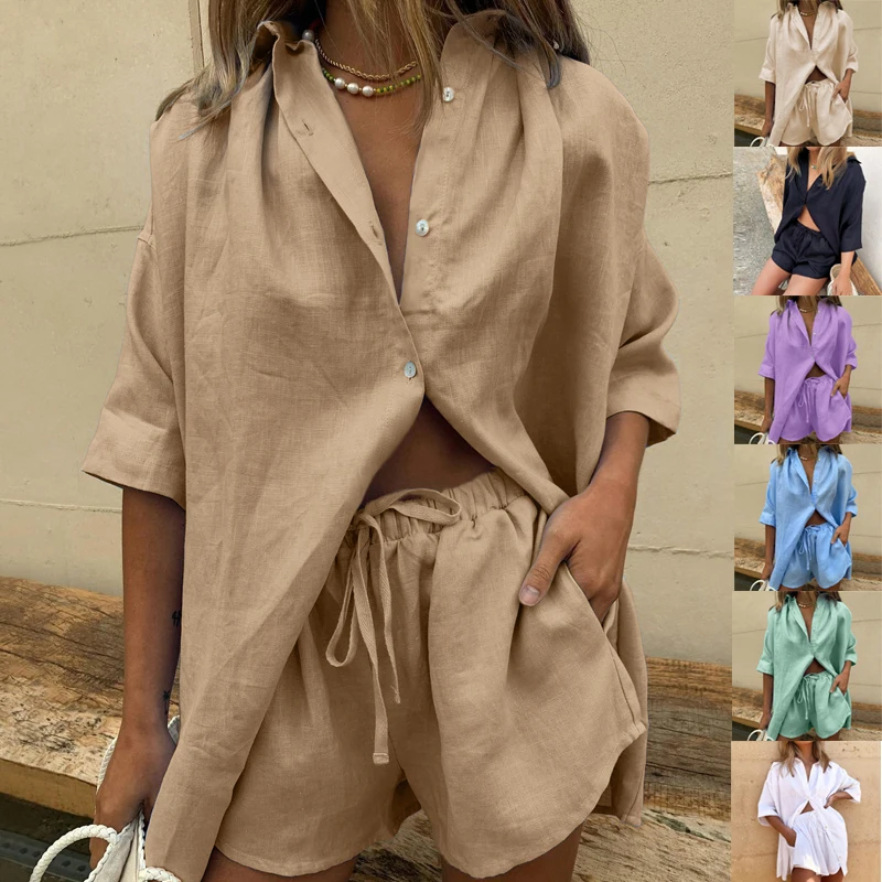 

Женский комплект из 2 предметов, однотонная льняная блузка с шортами и длинным рукавом, повседневный спортивный костюм