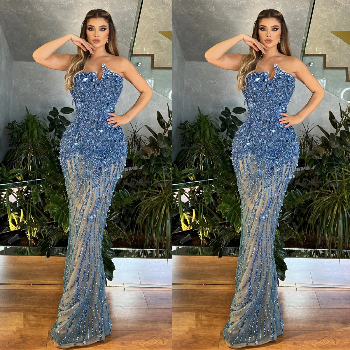 

Shiny Blue Mermaid Evening Dresses Strapless Lace Prom Gowns Custom Made Sequined Crystals Sleeveless Party Dresses