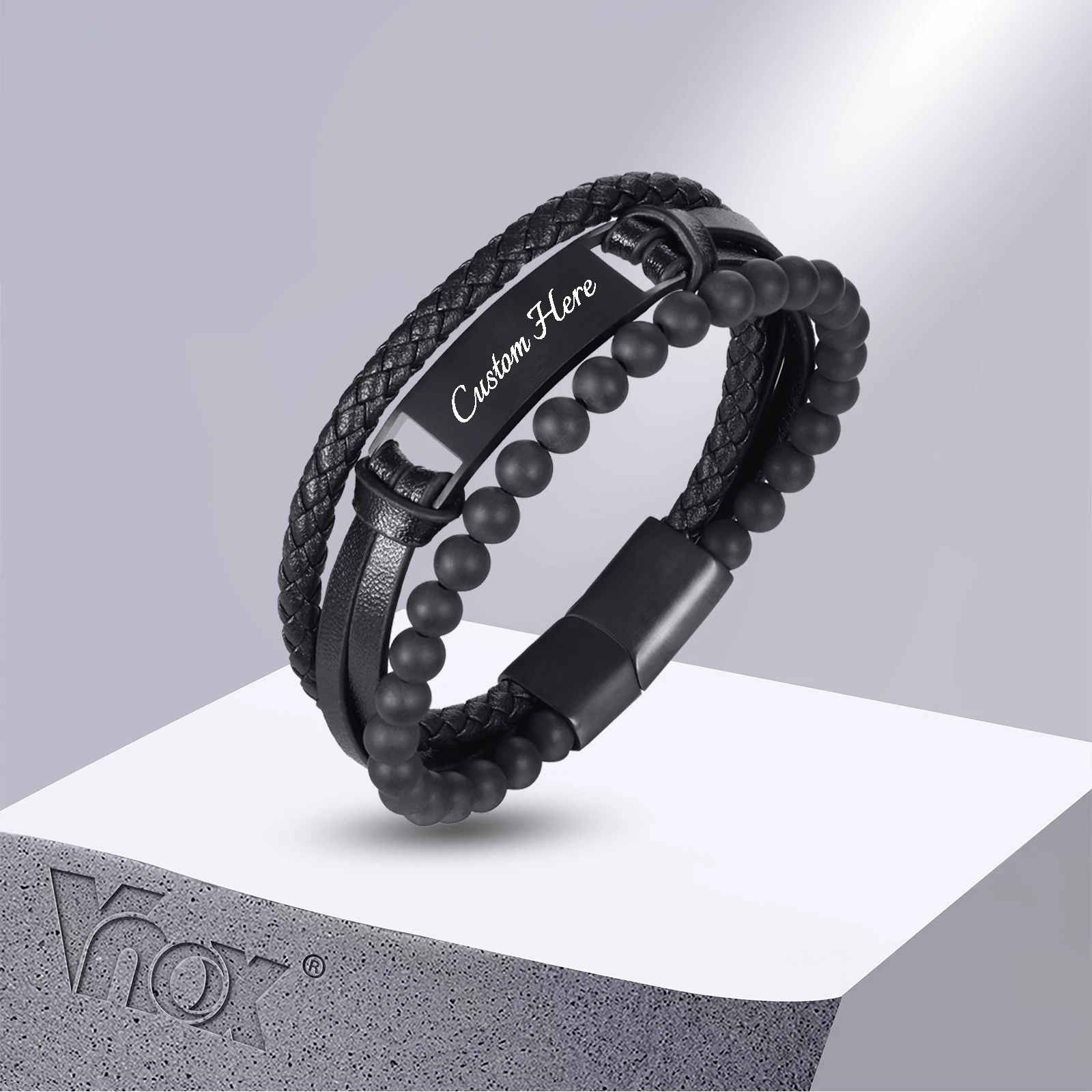 

Vnox Free Custom Personalized Bracelets for Men, Stylish 3 Layers Leather Rope Chain Wristband with Beads ID Tag, Gifts for Him