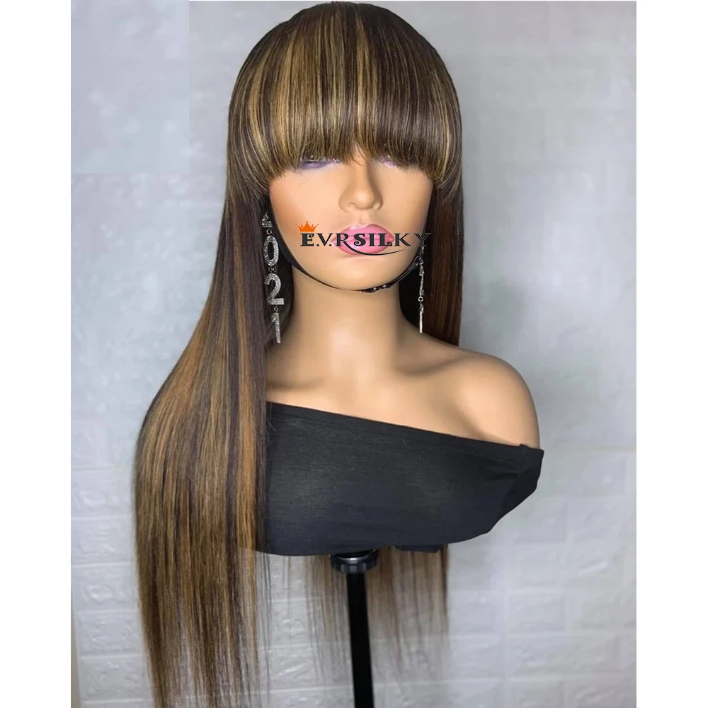 

Highlight Blonde Colored Human Hair Wig Silky Straight 13x4 Lace Front Human Hair Wig with Bang Fringe 360 Full Lace Frontal Wig