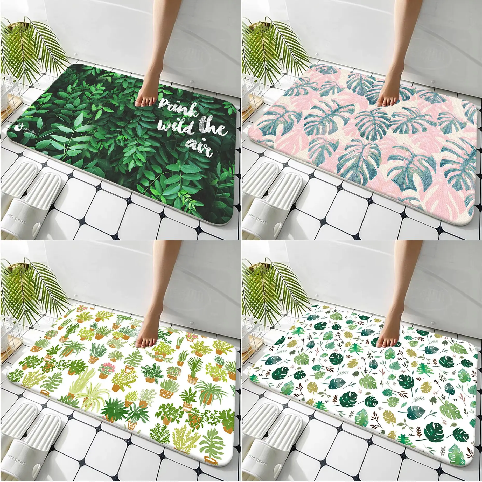 

Green plant leaves cartoon print pile bathroom carpet personalized decorative non-slip mat living room kitchen entry door mat