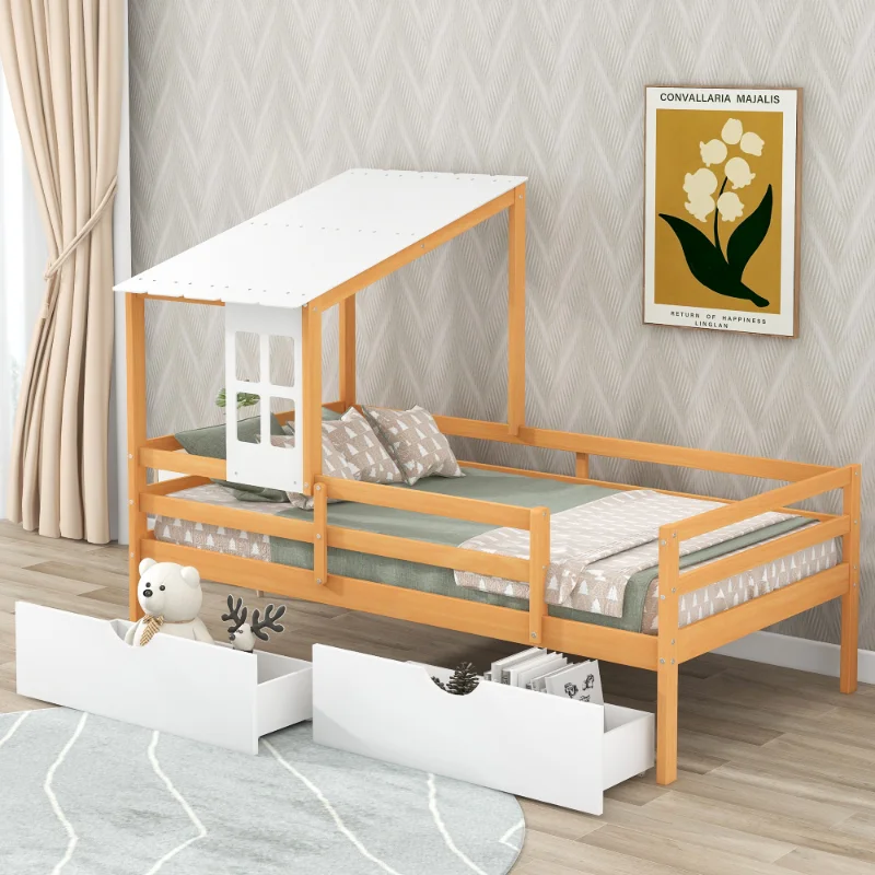 

[Flash Deal] двуспальный низкий Лофт-кровать с двумя ящиками для хранения, прочная рама из сосны, легкая сборка, гарантия безопасности [в наличии ...