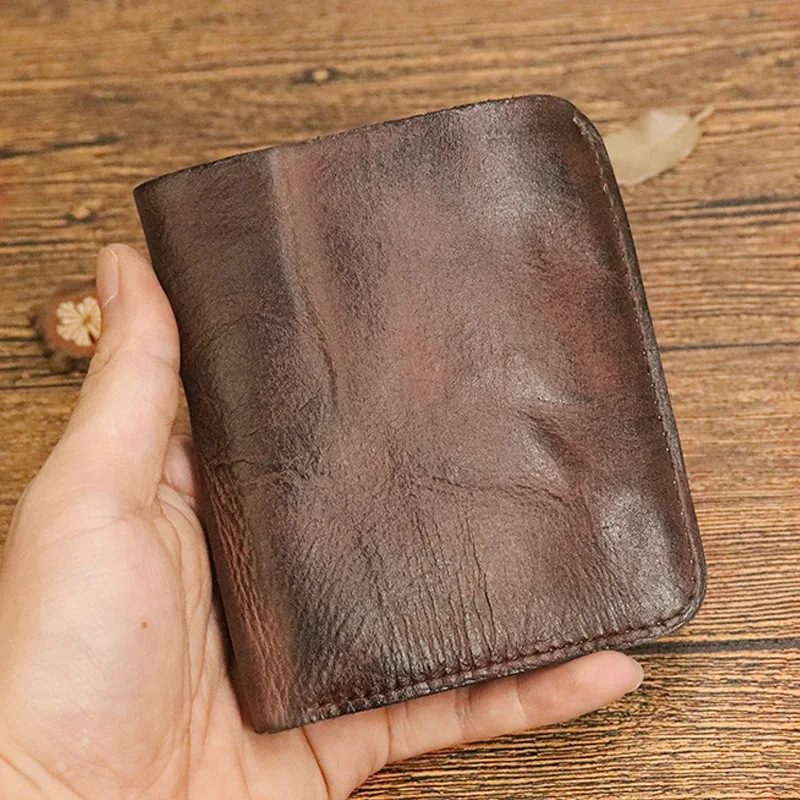 Original Vintage Genuine Leather Men's Short Wallet Fold Card Holder Money Bag for Male Retro Zipper Coin Purse