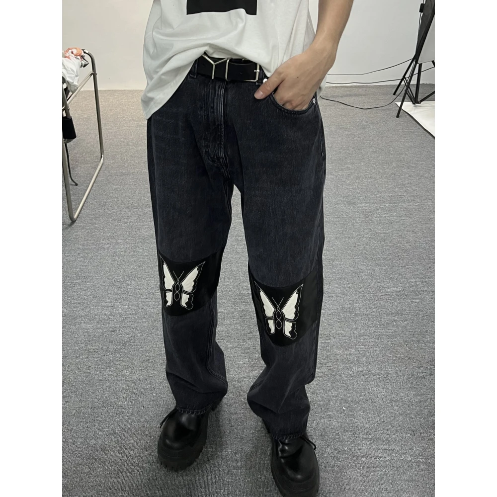 Butterfly Leather Embroidery Straight Denim Jeans Black Washed Patchwork Casual Distressed Jeans Pants Men Streetwear Hip Hop