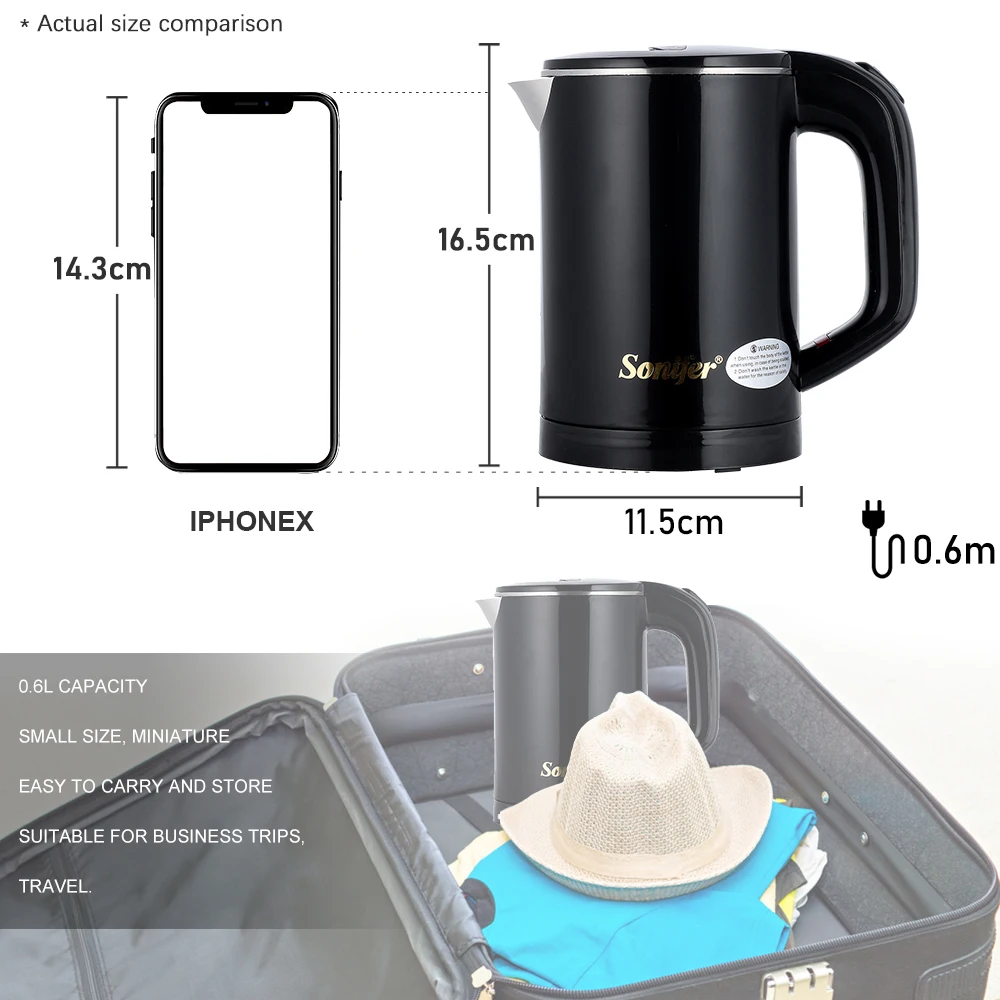 Travel Electric Kettle Tea Coffee 0.6L Mini Stainless Steel Cordless Portable  Kettle 800W For Hotel Family Trip Pot Sonifer images - 6