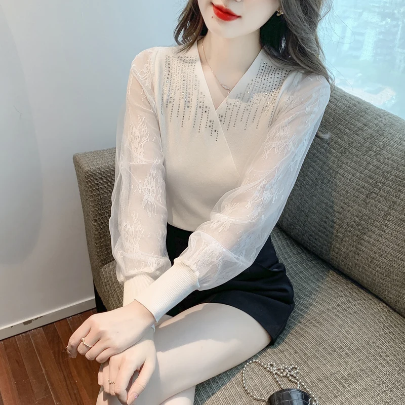 Женская кружевная блузка с длинными рукавами элегантная облегающая V-образным