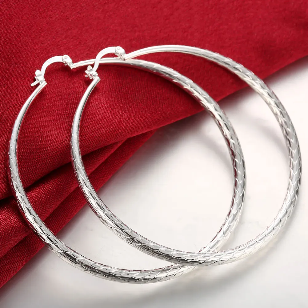 

Free Shipping 925 Sterling Silver 70mm Fine Round Big Hoop Earrings For Women's Fashion Engagement Party Gift Jewelry