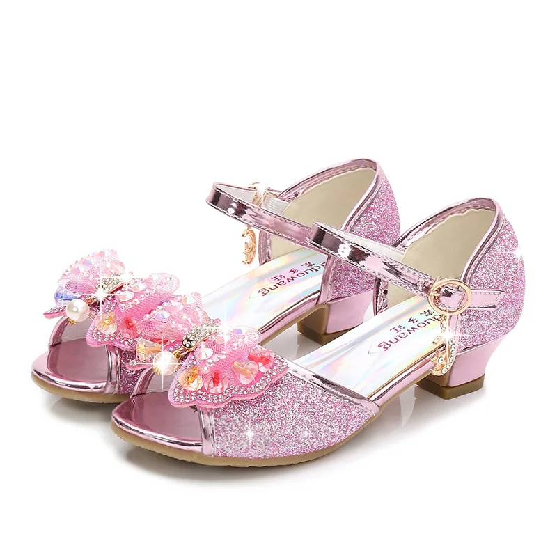 Enlarge Fashion Children's High Heels Princess Sandals Bow-knot Rhinestone Pearl Sequined Medium Big Girls Kid Shoes For Wedding Party