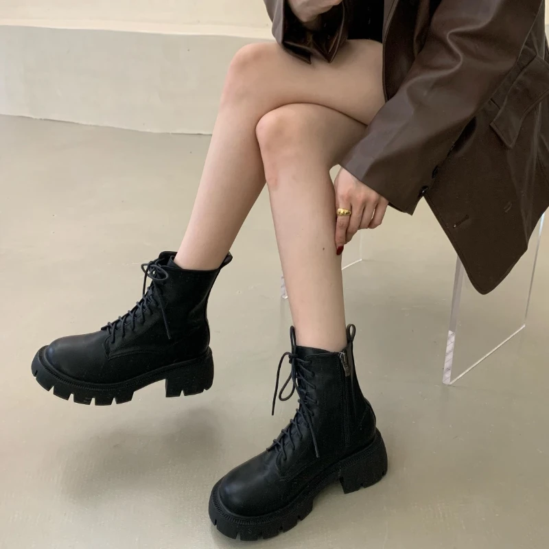 Ladies Winter Thick Heel Punk Ankle Boots Shoes Cross Lace Up Solid Color Ladies Casual Fashion Elegant Botas Mujer Women Shoes
