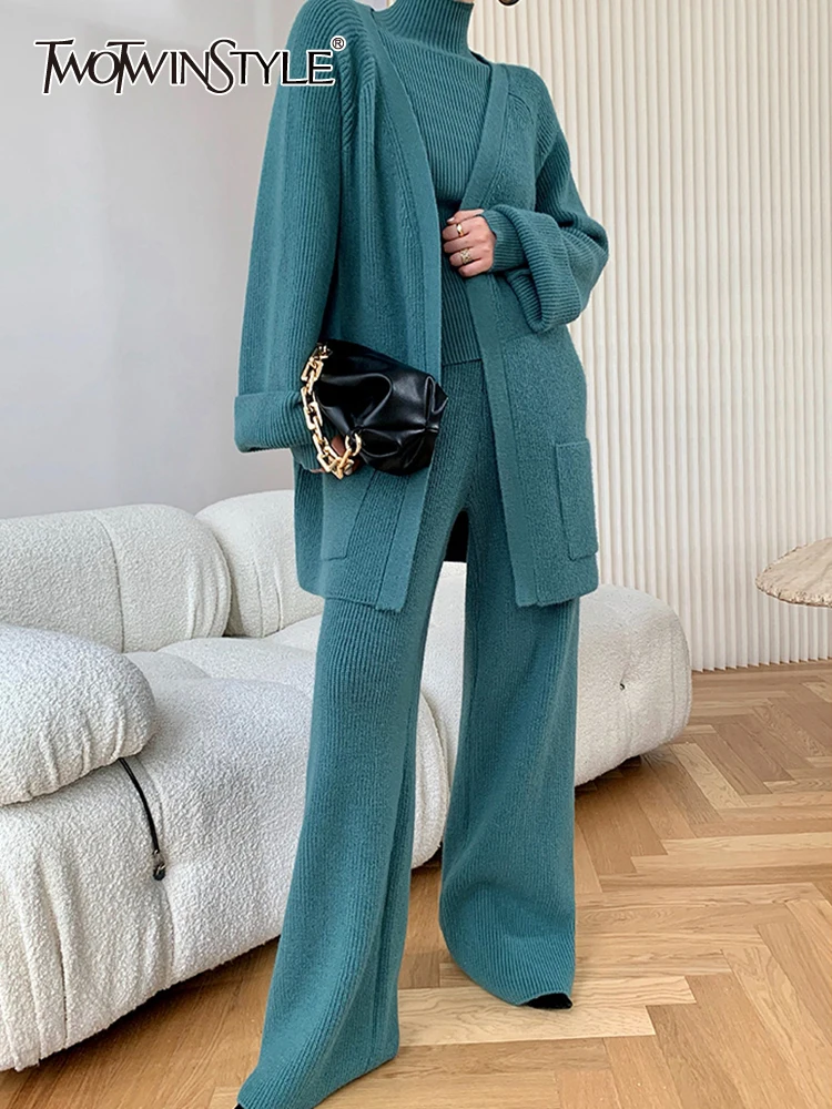 

TWOTWINSTYLE Solid Three Piece Set Womens Turtleneck Long Sleeve Sweater V Neck Coats Loose Wide Leg Pants Knitting Female Sets