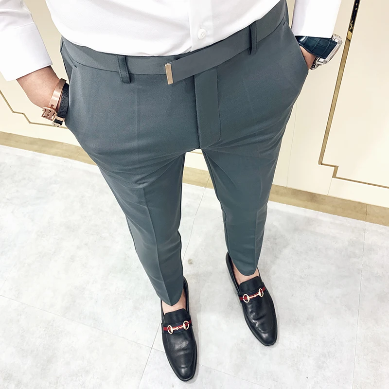

Men's Spring and Autumn New Business Casual Slim Suit 9-point Pants Solid Color Zipper Elastic Large Size 28-36 Suit Pants