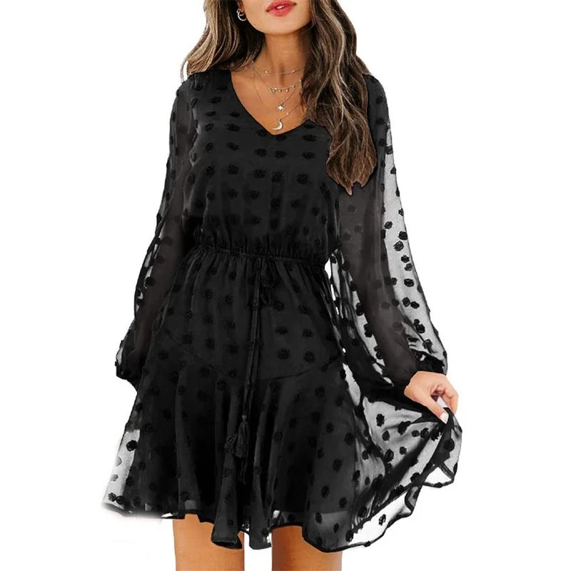 

Elegant Chiffon Dress Casual Long Sleeve Robes V Neck Dot Lace-up Kleid Fashion Ruffles Elbise Party Vestidos Mujer Casual Ropa