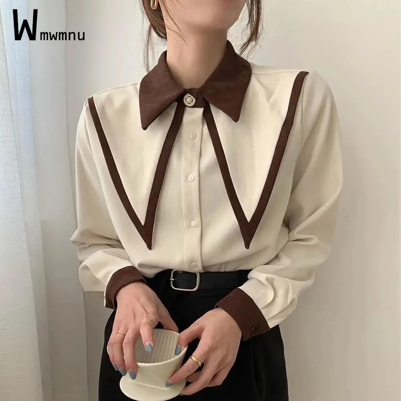

Women Spliced Design Neck Edge Casual Blouse Ladies Full Sleeve Single Breasted Shirt Femme Autumn 2022 Elegant Black Baggy Tops