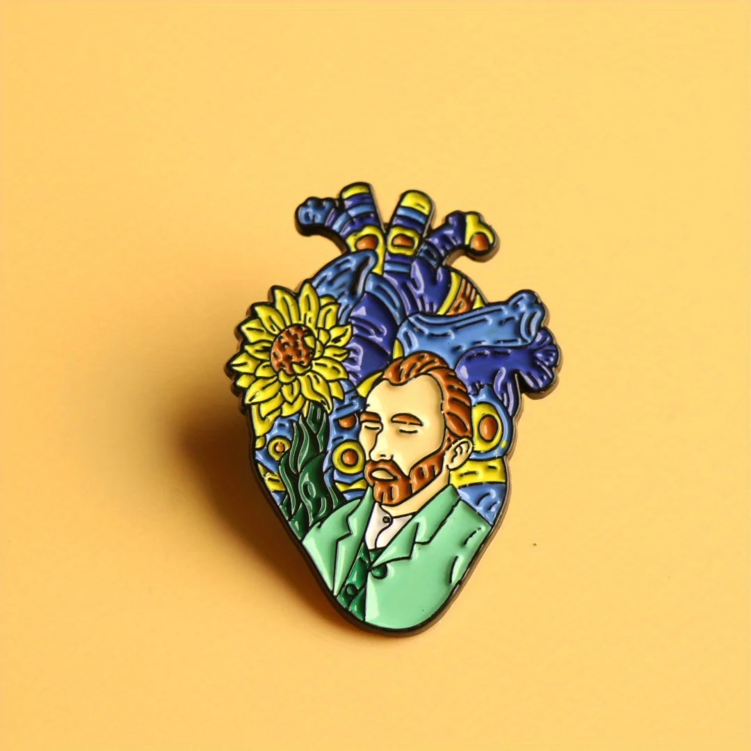 Artistic Anatomical Heart Enamel Brooch Pin - Alloy Fashion Van Gogh Accessory for Backpacks and Clothing