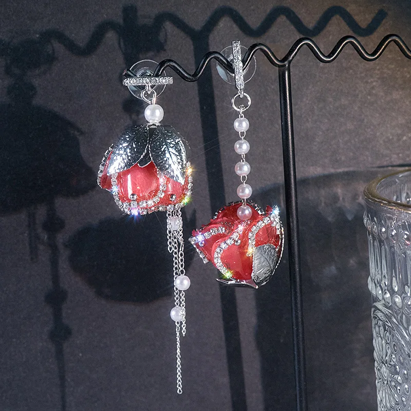 

Pearl Earrings Asymmetric Three-dimensional Flower Colored Diamond Earrings Fringed Red Pastoral Flower Earrings 2022 New