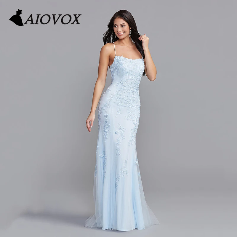 

AIOVOX Scoop Neck Cocktail Dress For Women Appliques Lace Up Prom Gowns Spaghetti Strap Mermaid Floor-length Vestidos De Noche