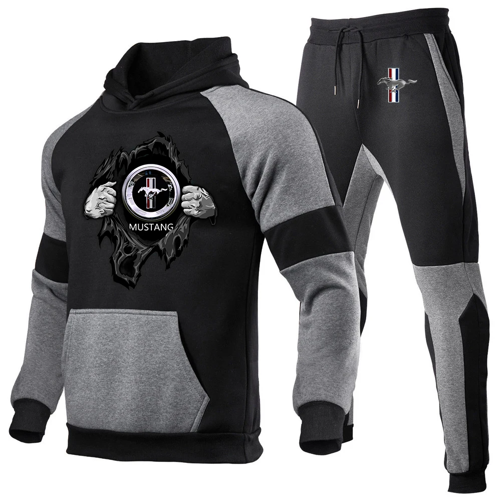 

Spring Autumn Mustang Men's Sweat Suit Set Tracksuit Men Outfit Full Sleeve Tops with Hood Outdoor Sport Wear Men's Hooded Suit