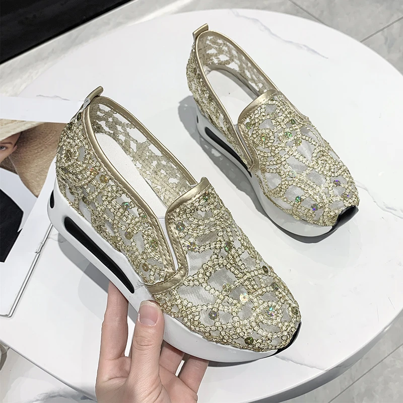 Women's Summer Lefu Shoes Korean Edition Lace Mesh Small White Shoes Casual Fit High Heel Elevated Vulcanized Women's Shoes