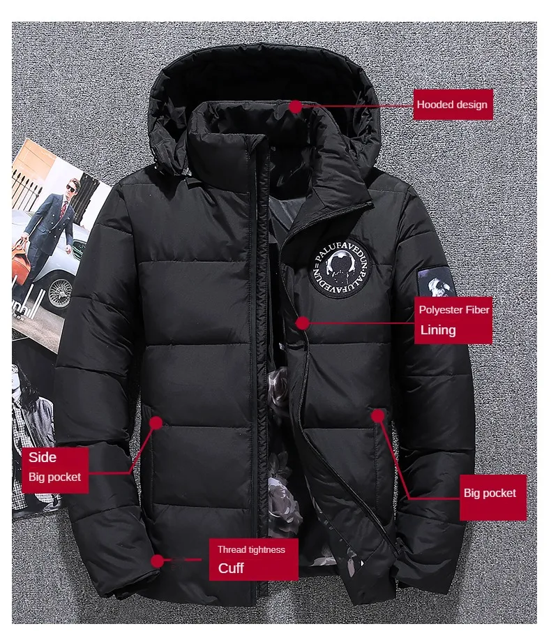 Promotional Down Jacket Men's Thickened Comfortable Winter Coat Short Closed Sleeve Adult White Duck Down Warm Coat Remove Cap