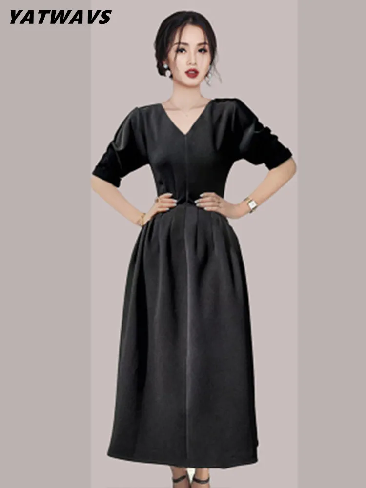 

Женское винтажное платье с V-образным вырезом и высокой талией