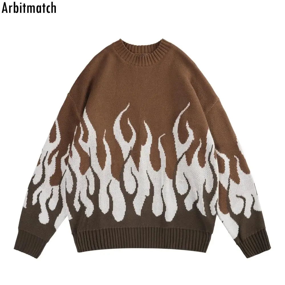 

Arbitmatch Harajuku Sweater Men Flame Print Sweater Gothic Pullover 2022 Hip Hop Streetwear Loose Sweater Mens Knitted Sweaters