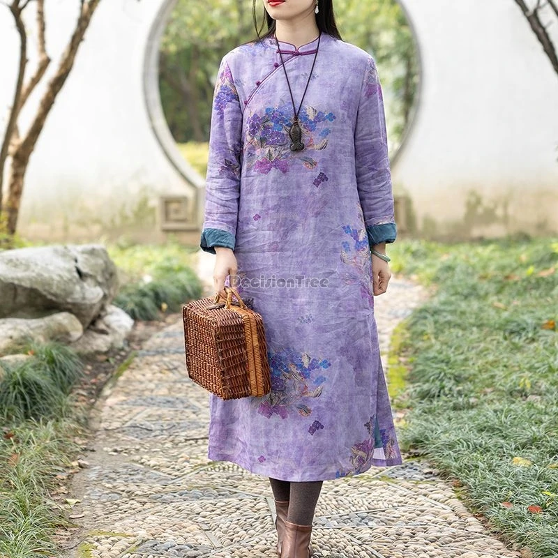 2024 утолщенное зимнее хлопковое льняное Ципао в стиле ретро элегантное освещение