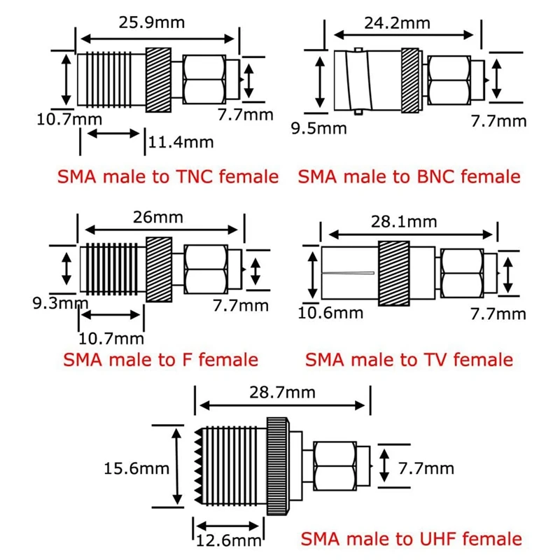 Набор 10-типов адаптеров SMA папа на N/F/BNC/UHF/MCX/SMB/TV/TNC мама Прямой никелированный